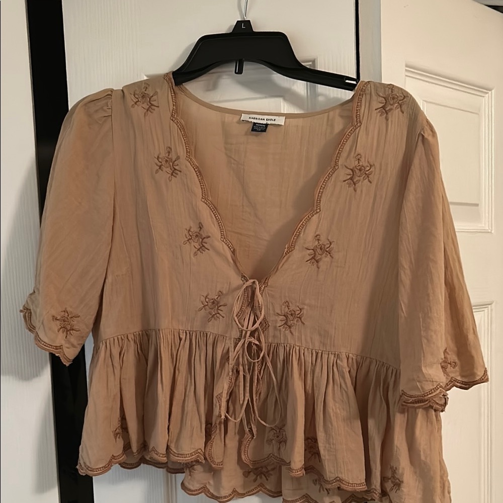 American Eagle Outfitters Tan Flutter Sleeve Peplum Blouse